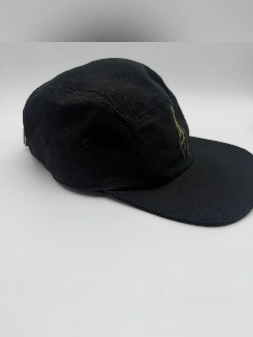 Black 5-Panel Cap with Hand Gesture Embroidery 77% Hemp Womens dadcore